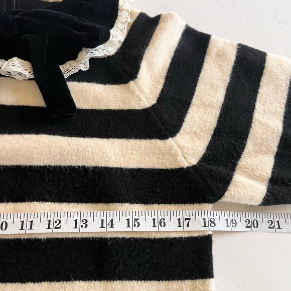 Zara Black Cream Striped Velvet Lace Trim Bow Collar Sweater Size Small - Picture 11 of 11